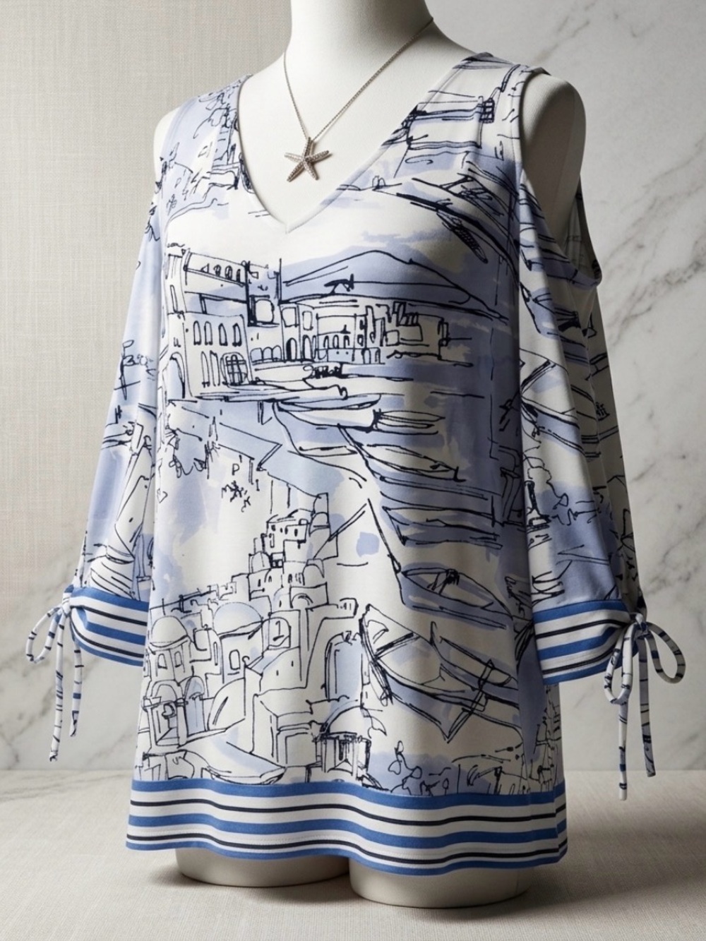 Chicos Cold Shoulder Mediterranean Print Top Excellent Condition Size 1 (Medium)